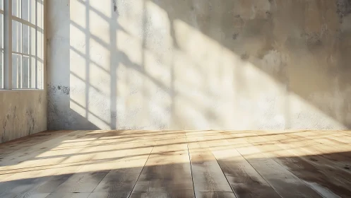 Sunlit empty room with rustic wall and wooden floor.