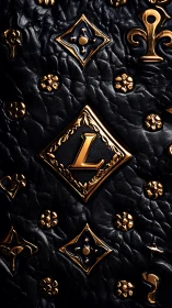 Embossed black leather with ornate gold monogram patterning.