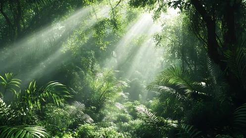Sunlight filtering through dense tropical forest canopy
