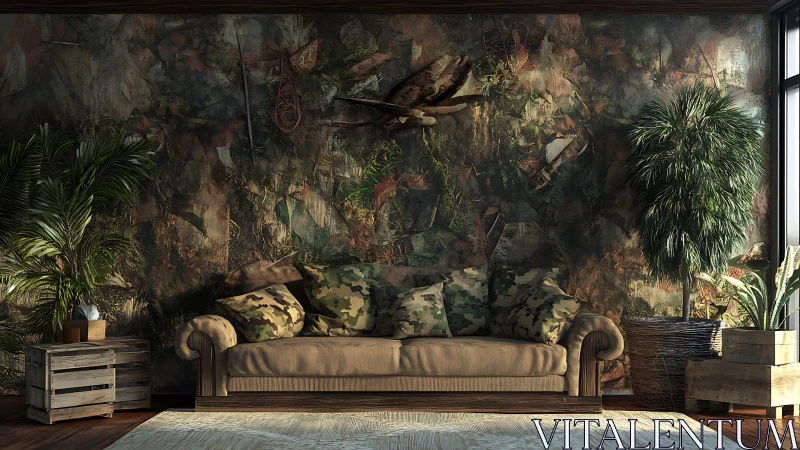 Camouflage cushions lounge quietly beneath a jungle mural
