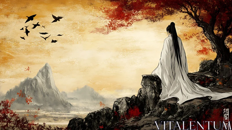 Solitary wanderer gazes across mist-veiled autumn mountainscape.