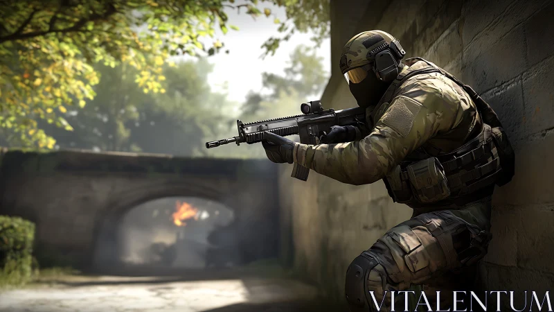 Tactical operator aiming rifle in sunlit stone alleyway