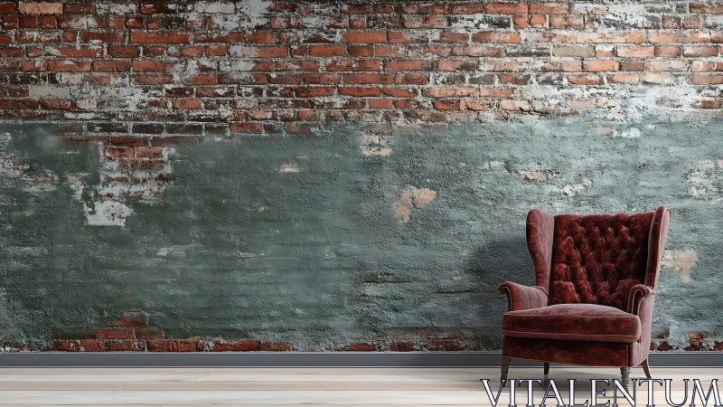 Vintage red armchair set against weathered brick wall.