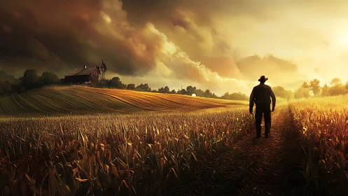 Digital painting of lone farmer on sunset-lit cornfield path.