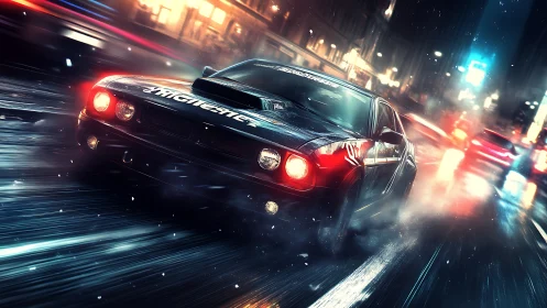 Black muscle car on wet city street at night in motion.