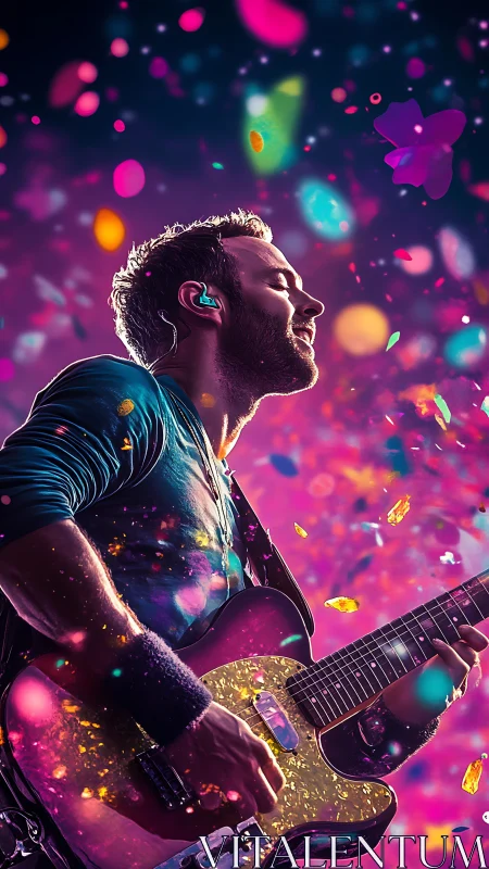 Digital painting of guitarist in luminous confetti burst stagescape.
