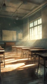 Sunlit empty classroom with long perspective and diffused dust-lit beams