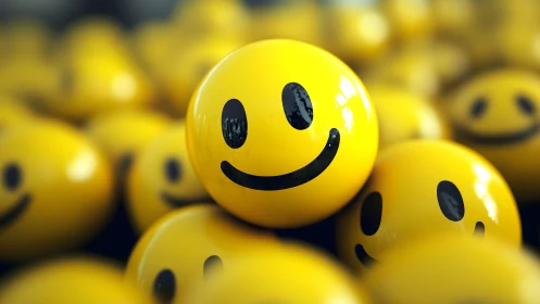 Glossy yellow smiley face balls in vibrant, cheerful close-up style.