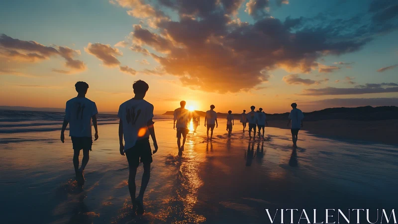Silhouetted friends walk toward vivid sunset shoreline.