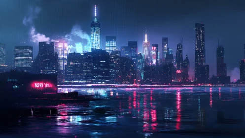 Neon rain stitches a cyberpunk skyline across the bay
