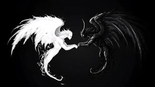 Dual-winged angel and demon locked in luminous contrast.