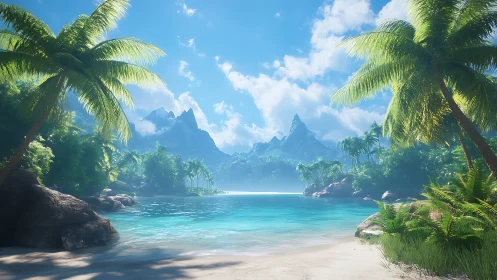 Tropical Lagoon with Limestone Formations and Palm Vegetation.