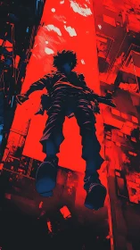 Silhouetted antihero descends through neon red urban chasm