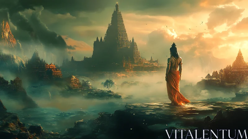 Epic fantasy temple vista with solitary robed figure composition.