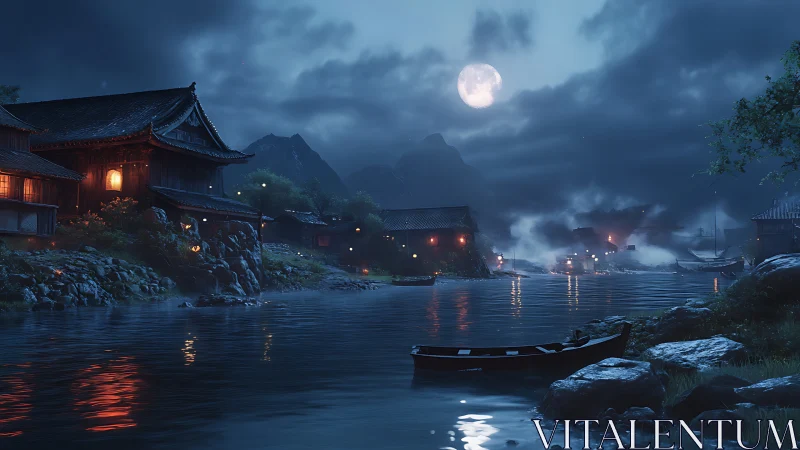 Moonlit riverside village glows softly beneath stormy clouds