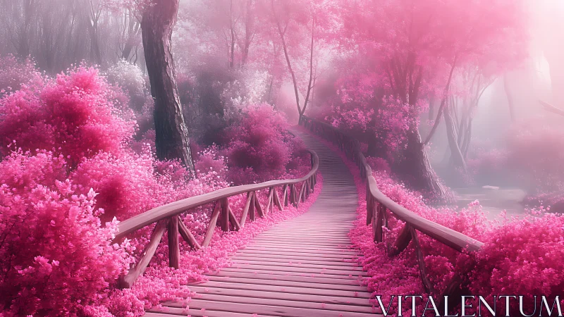 Digital painting of pink forest bridge under ethereal mist.