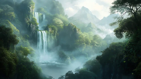 Mystical Waterfall Canyon Shrouded in Ethereal Mist