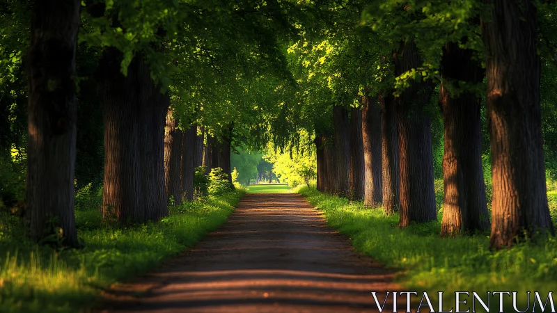 Tree-lined dirt avenue under directional golden hour backlight