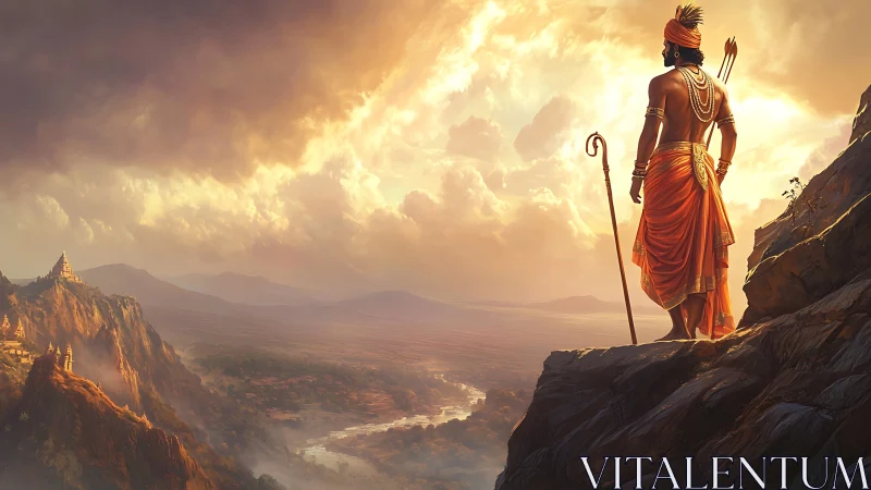 Divine warrior surveys sunlit valley from mountain ledge.