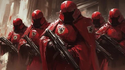 Armored red soldiers advancing with rifles in formation.