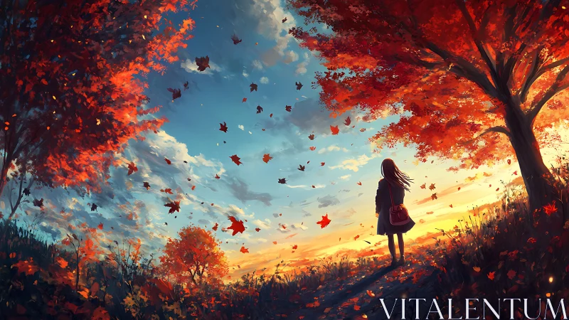 Autumn skywalker girl beneath a storm of scarlet leaves.