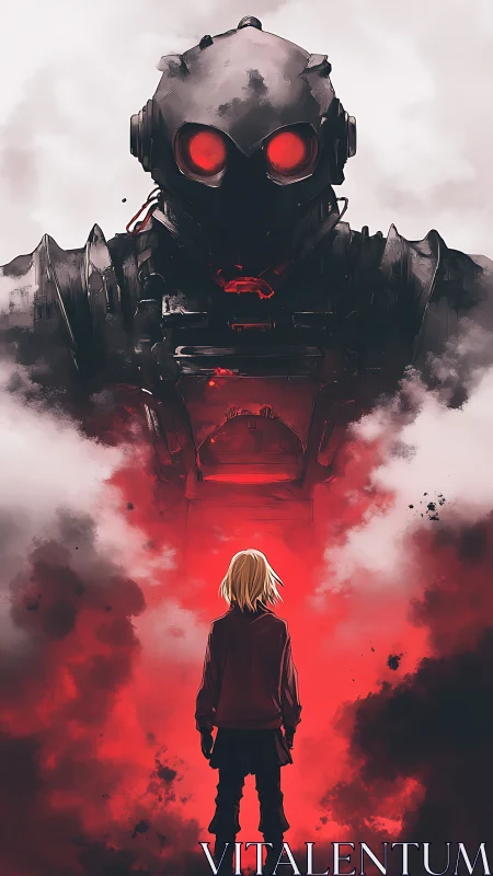 Standoff beneath the colossal red‑eyed war machine.