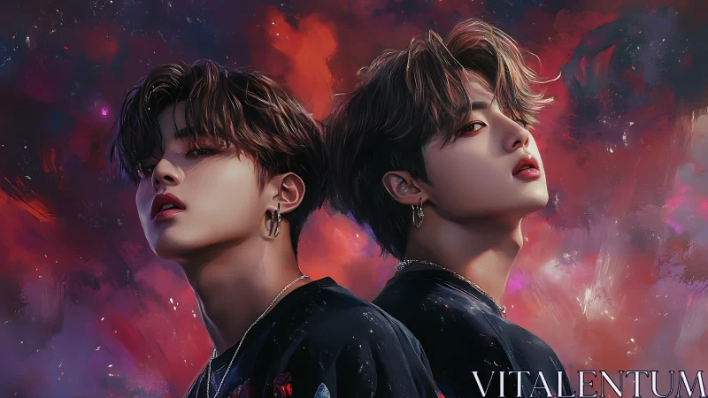 Digital twin portraits against cosmic neon storm backdrop.