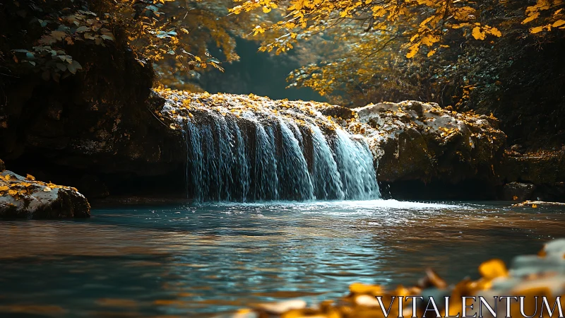 Golden grove cascade whispering over turquoise pool.