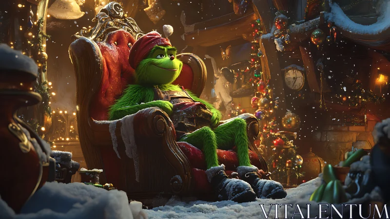 3D holiday creature portrait in ornate cozy interior setting.