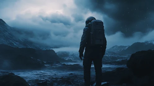 Solitary astronaut surveying storm-laden icy exoplanet terrain