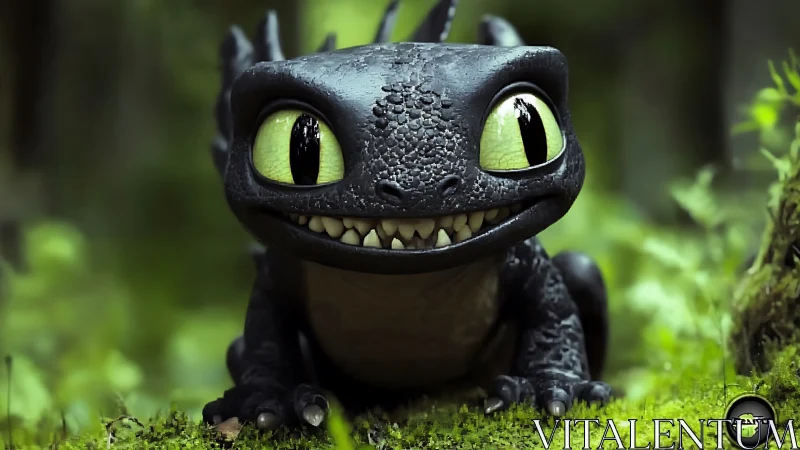 Tiny forest dragon grins wide, guarding its mossy kingdom