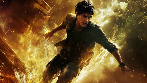 Dynamic male hero running through fiery golden energy.