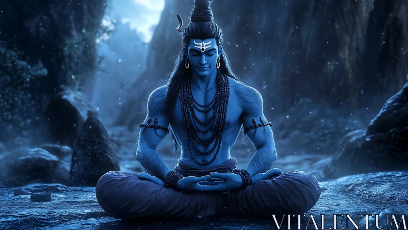 Lord Shiva in tranquil Himalayan meditation at nightfall.