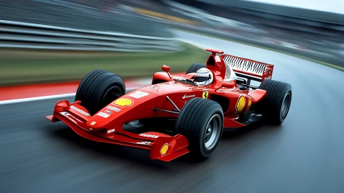 Red Formula 1 car powers through wet racetrack at speed.