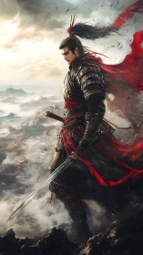 Armored swordsman stands over mist covered valley battlefield