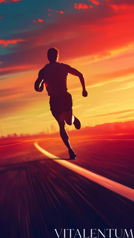 Silhouetted runner charges down a glowing track at sunset