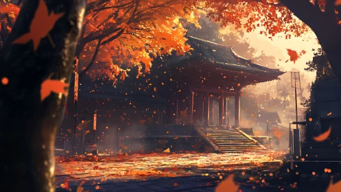 Autumn embers whirl around a quiet temple of fading light