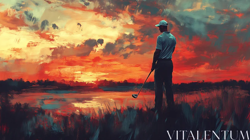 Golfer quietly soaking in a fiery, dreamlike sunset sky.