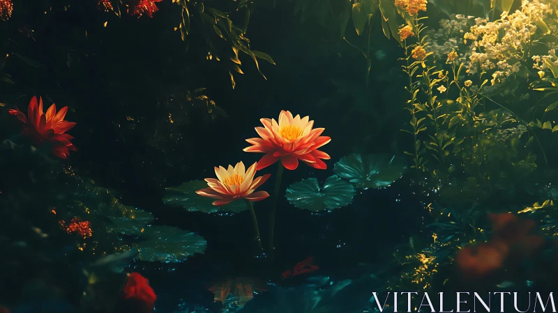 Warm Dahlia Flowers in Dark Garden Setting.