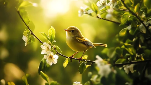 Small Bird on Blossoming Branch in Soft Sunlight, Nature Photography.