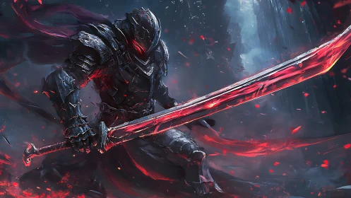 Heavily armored swordsman holds oversized glowing red blade