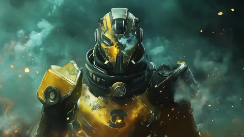 Armored yellow mech stands in smoke with glowing embers