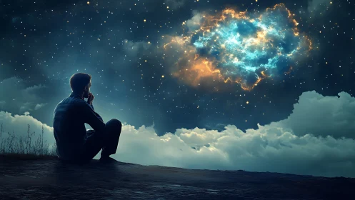 Solitary observer studies luminous nebula amid dense starfield