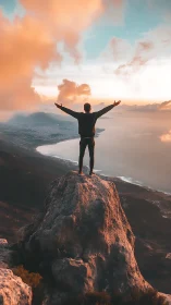 Joyful hiker embracing a glowing coastal mountain sunrise.