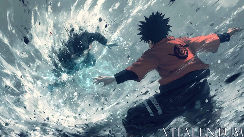 Anime fighter unleashes blue energy blast into crashing water