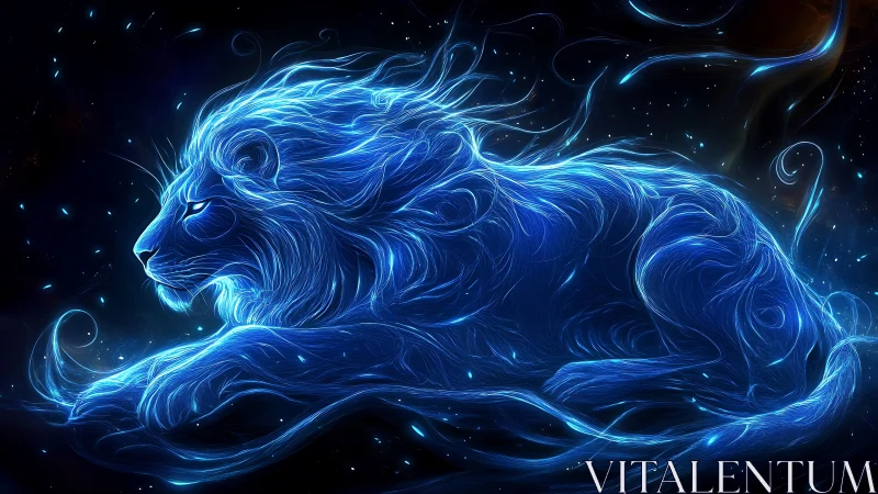 Glowing blue energy lion resting in a cosmic night scene.