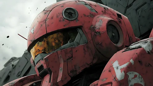 Battle-worn red mecha helmet with scratched tactical visor.