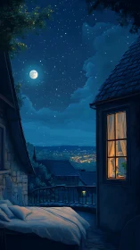 Moonlit balcony bed listens quietly to the distant town glow
