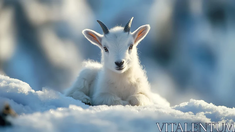 Young white goat rests calmly on bright winter snow
