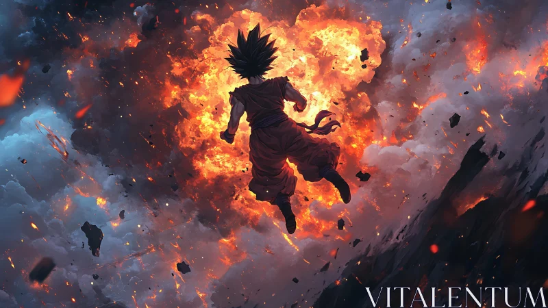 Explosive anime warrior silhouette against fiery sky storm.